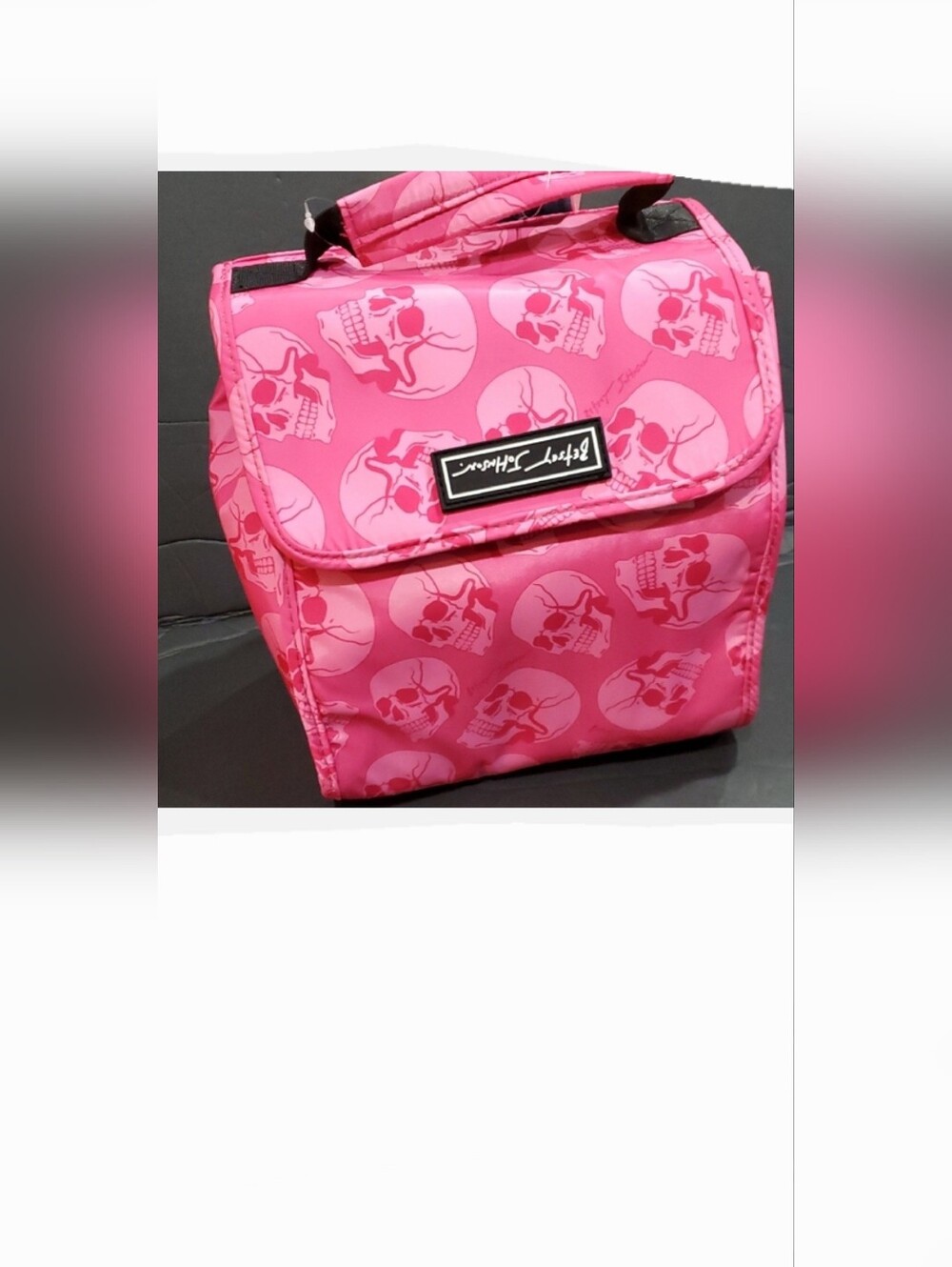 Betsey Johnson pink skull printed nylon flap top‎ insulated lunch bag tote new